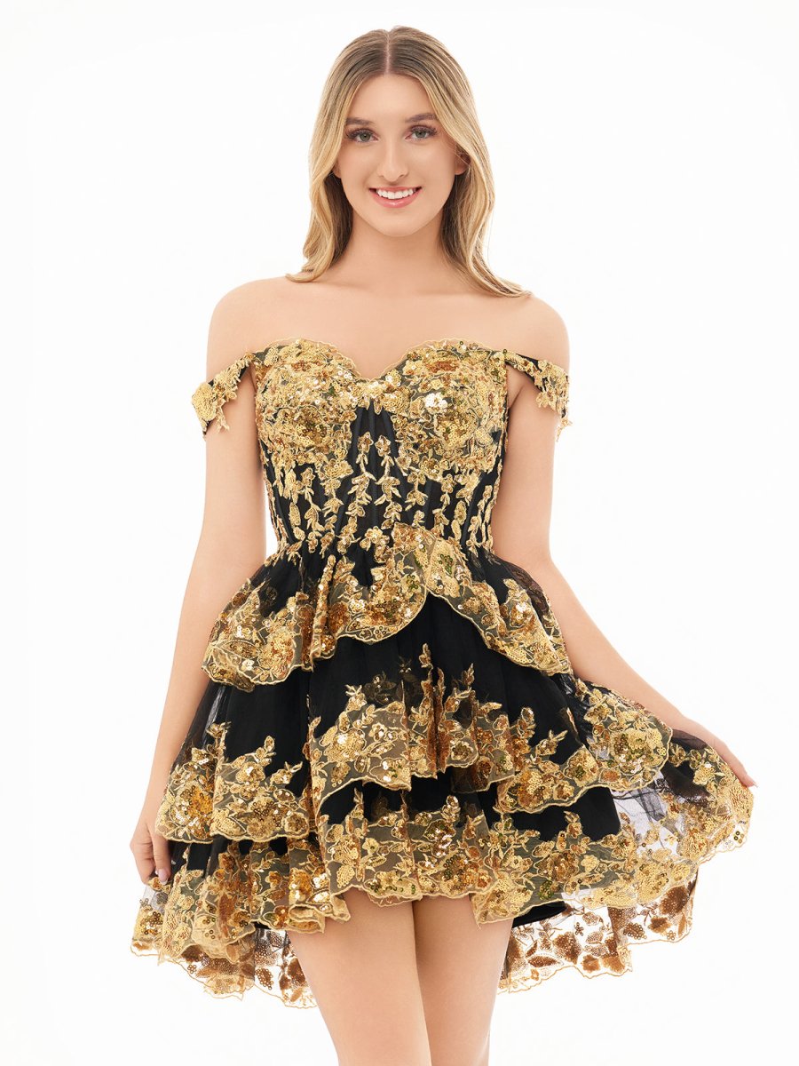 Everly | A - Line Sweetheart Tiered Gold Black Short Homecoming Dress - KissProm