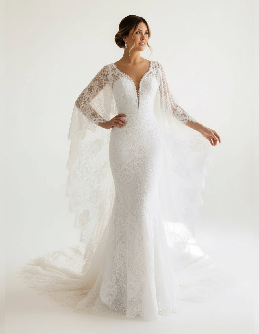 KissDress-Anais  Ivory Long Sleeve Cape Lace Mermaid Wedding Dress with Appliques