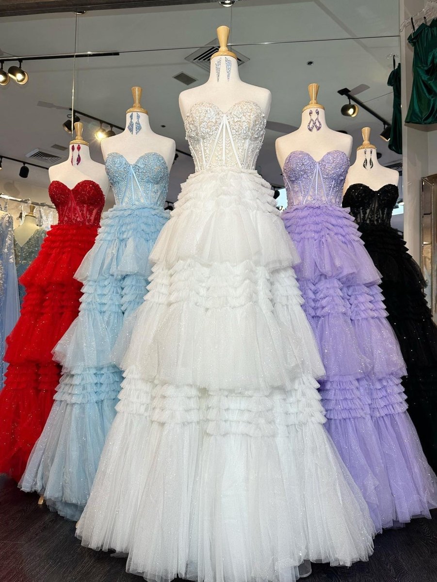 Adelyn |A - Line Sweetheart Tiered Long Tulle Prom Dress - KissProm