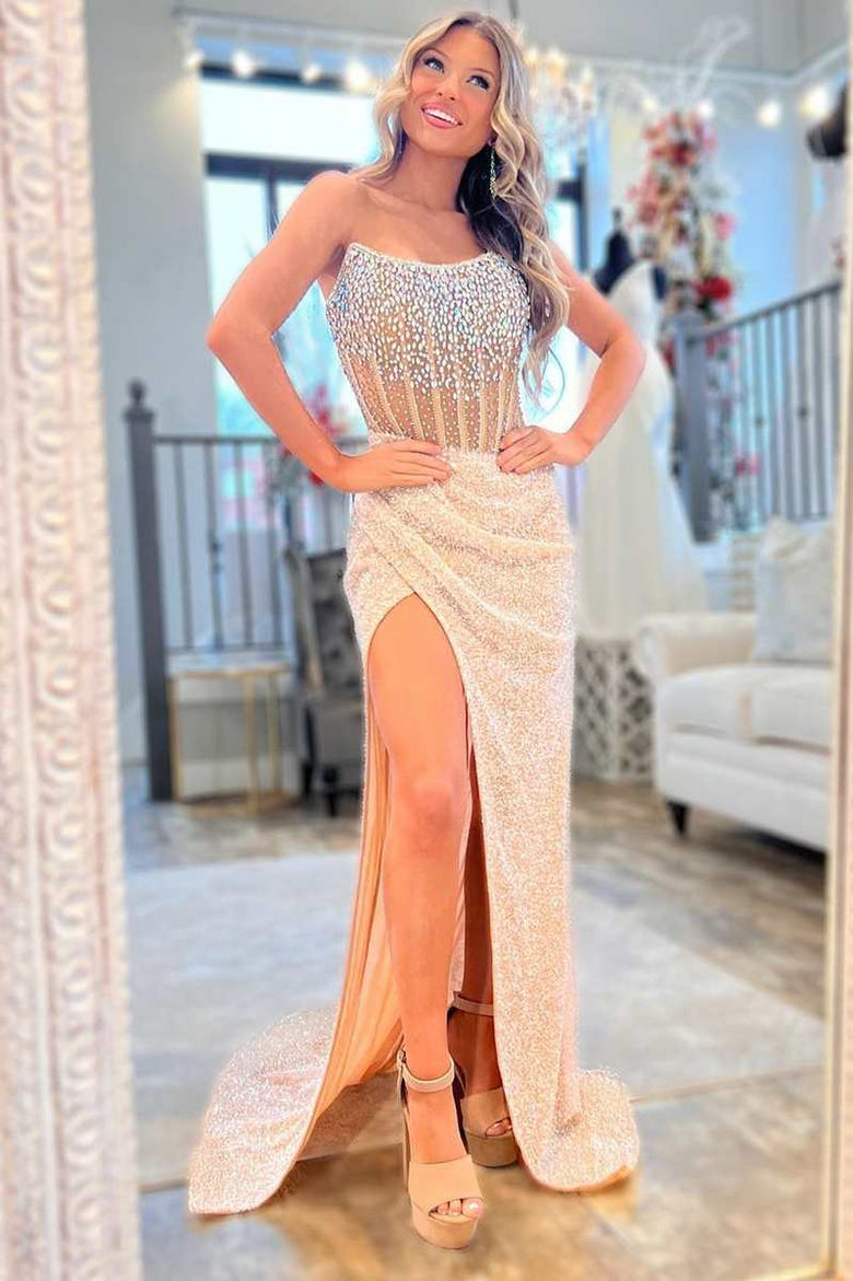 Strapless Mermaid Long Sequins Prom Dress With Split