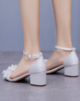 White Floral Satin Open Toe Low Chunky Heels