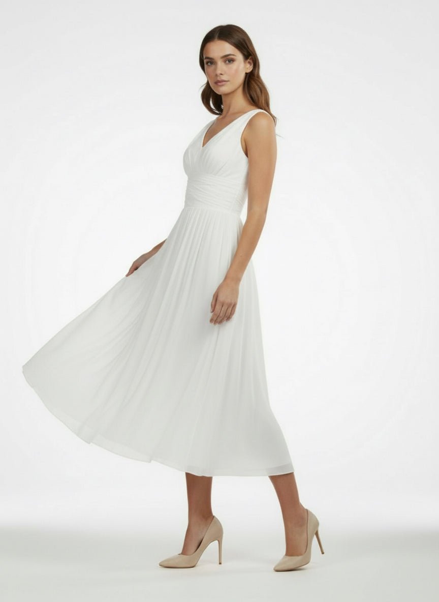 KissDress-V-Neck Sleeveless Tea-Length Chiffon Wedding Dress With Ruching And Low-V Back