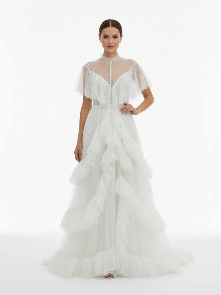white christmas dresses V-Neck Ruffles Lace Wedding Dresses Bohemian Bridal Gowns DW344 main image 1