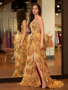 Gold Princess A Line Off the Shoulder Corset Prom Dress with Lace Ruffles - KissProm