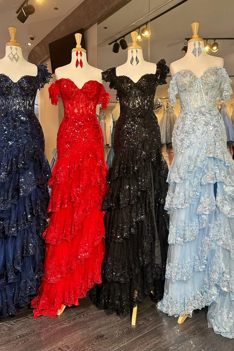 Sheath Off the Shoulder Long Lace Prom Dress (Lace-up Back)