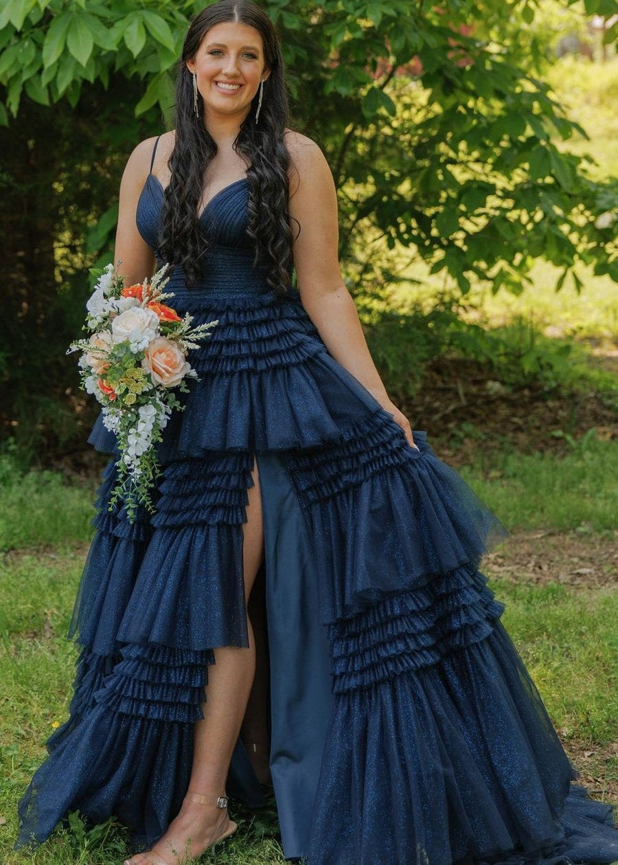 A-Line Spaghetti Straps Long Tiered Tulle Prom Dress With Split