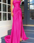 Mermaid Strapless Satin Long Prom Dress With Slit