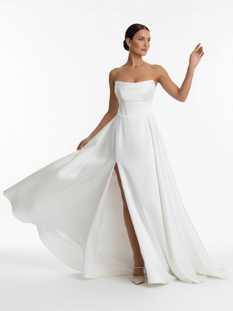 KissDress-Jane  A-Line Strapless White Satin Wedding Dresses with Slit