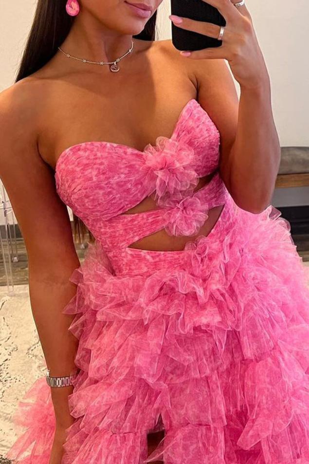 Ball Gown Sweetheart Pink Tiered Printed Tulle Prom Dress