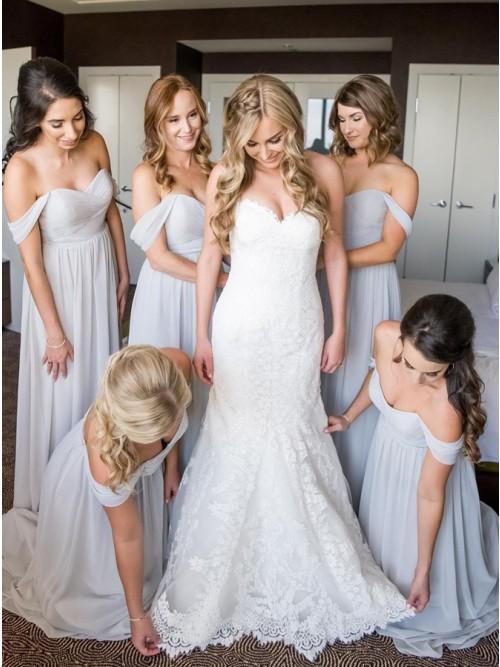 A-Line Off-the-Shoulder Light Grey Ruched Chiffon Long Bridesmaid Dress