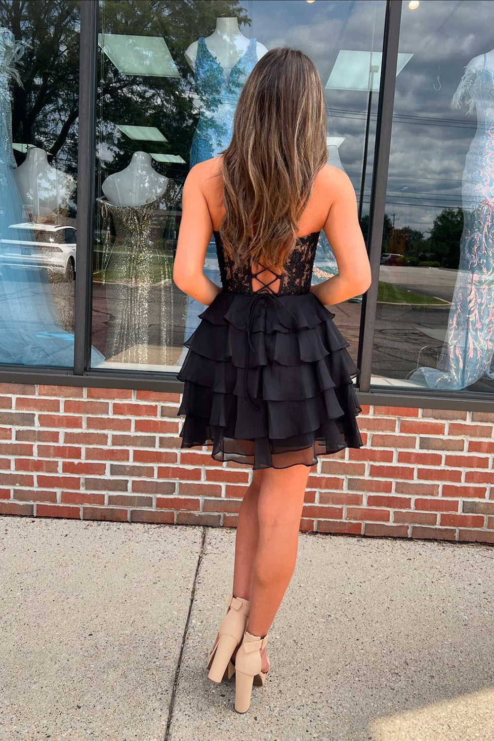 A-Line Strapless Tiered Corset Short Homecoming Dress with Appliques