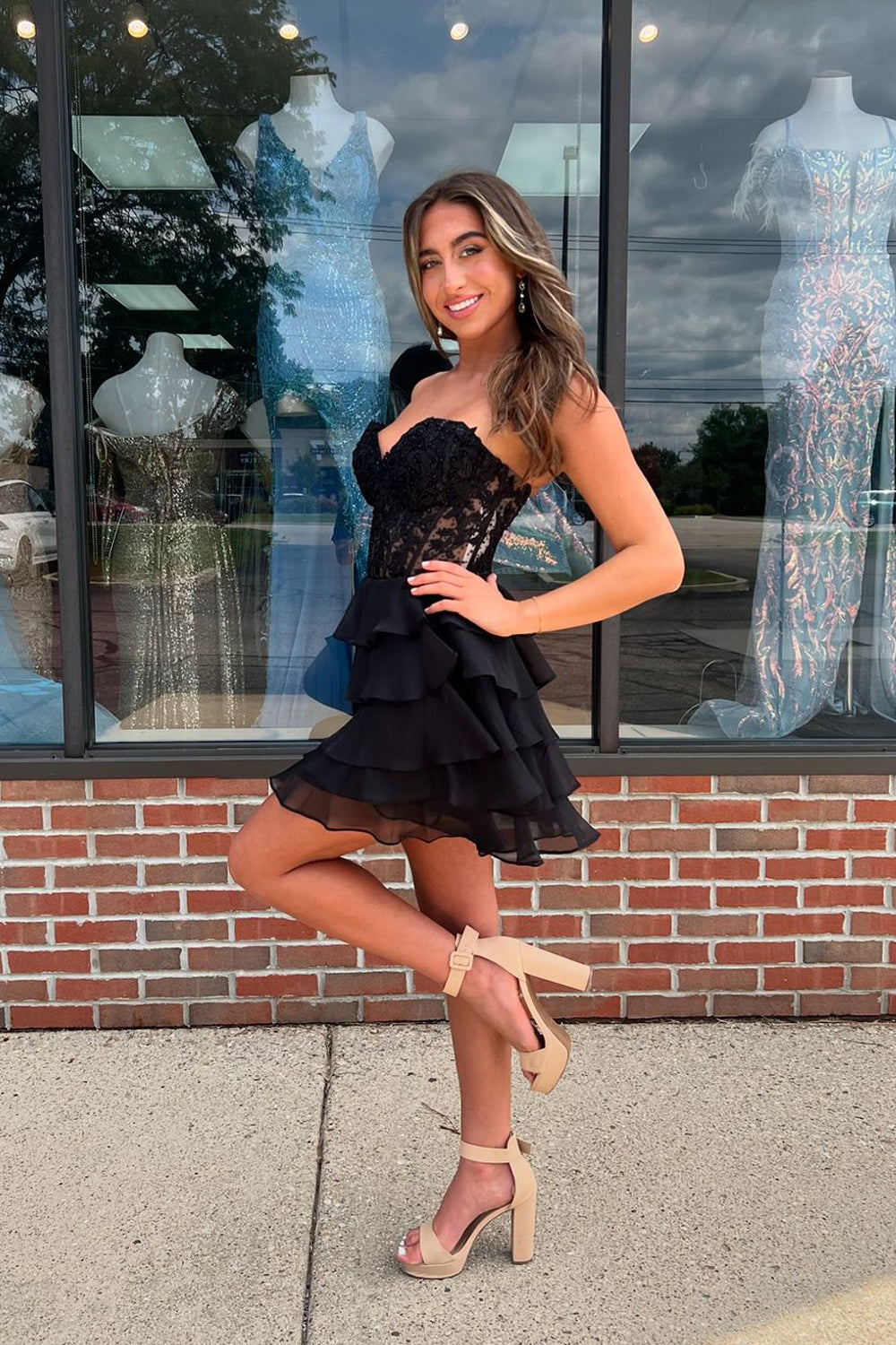 A-Line Strapless Tiered Corset Short Homecoming Dress with Appliques