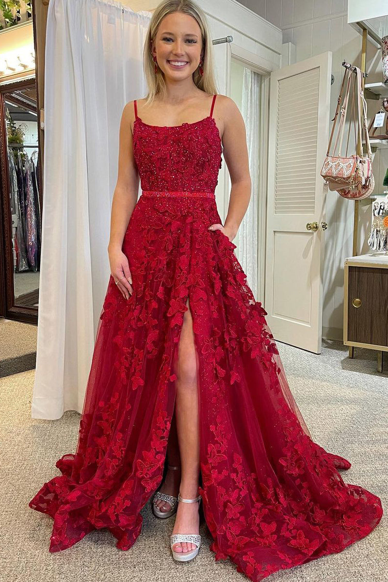 A Line Scoop Neck Red Sequins Lace Long Prom Dresses with 3D Flowers