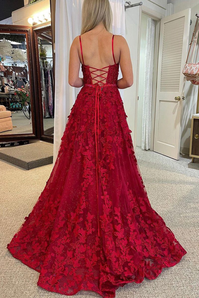 A Line Scoop Neck Red Sequins Lace Long Prom Dresses with 3D Flowers