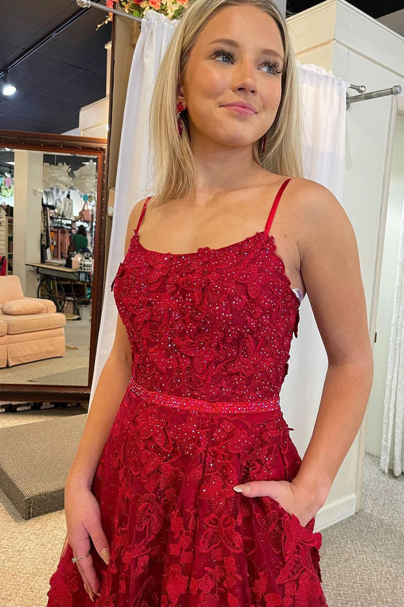 A Line Scoop Neck Red Sequins Lace Long Prom Dresses with 3D Flowers