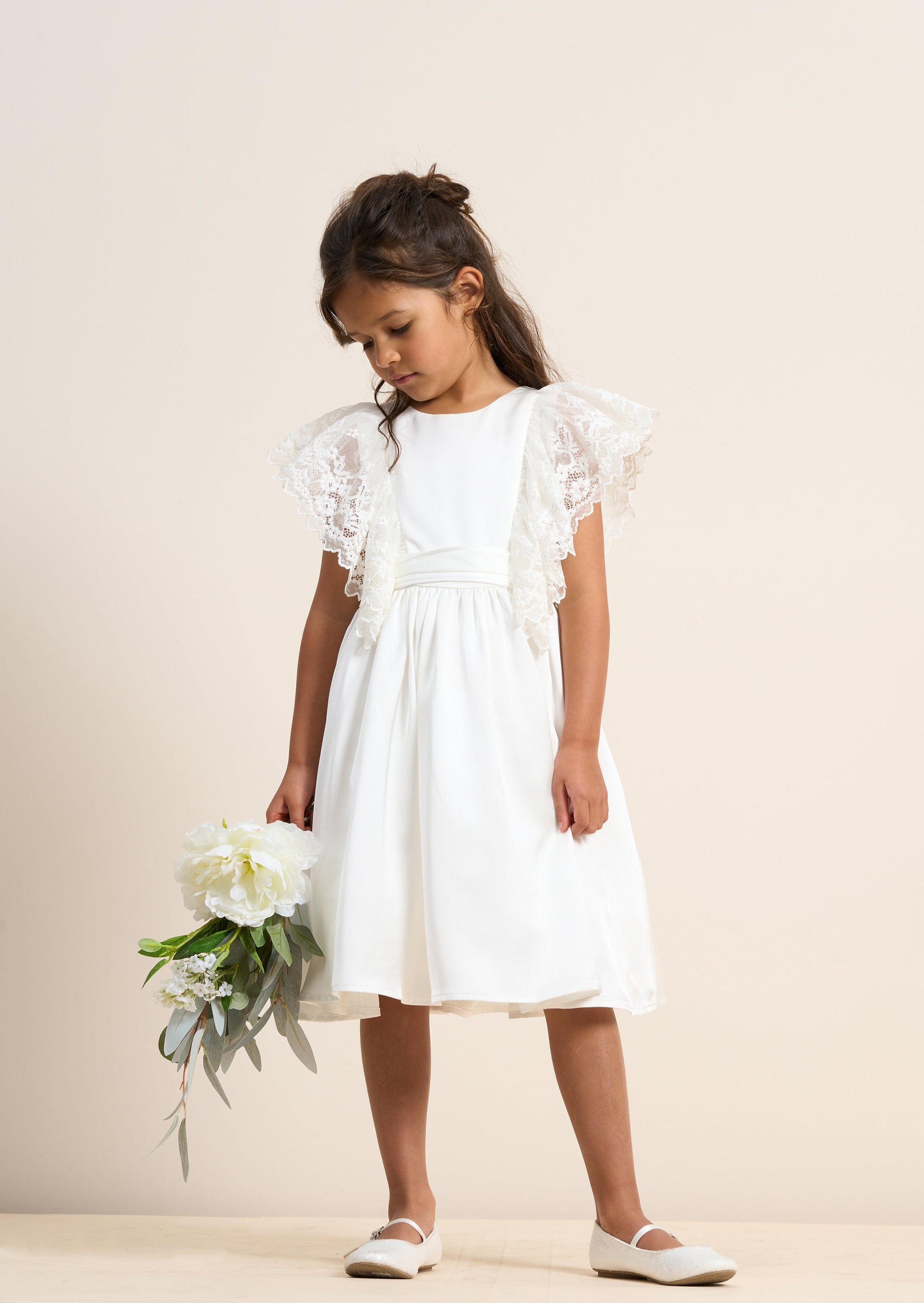 Lace Sleeve Satin Flower Girl Dress