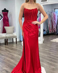 Sheath Strapless Corset Satin Prom Dress with Slit