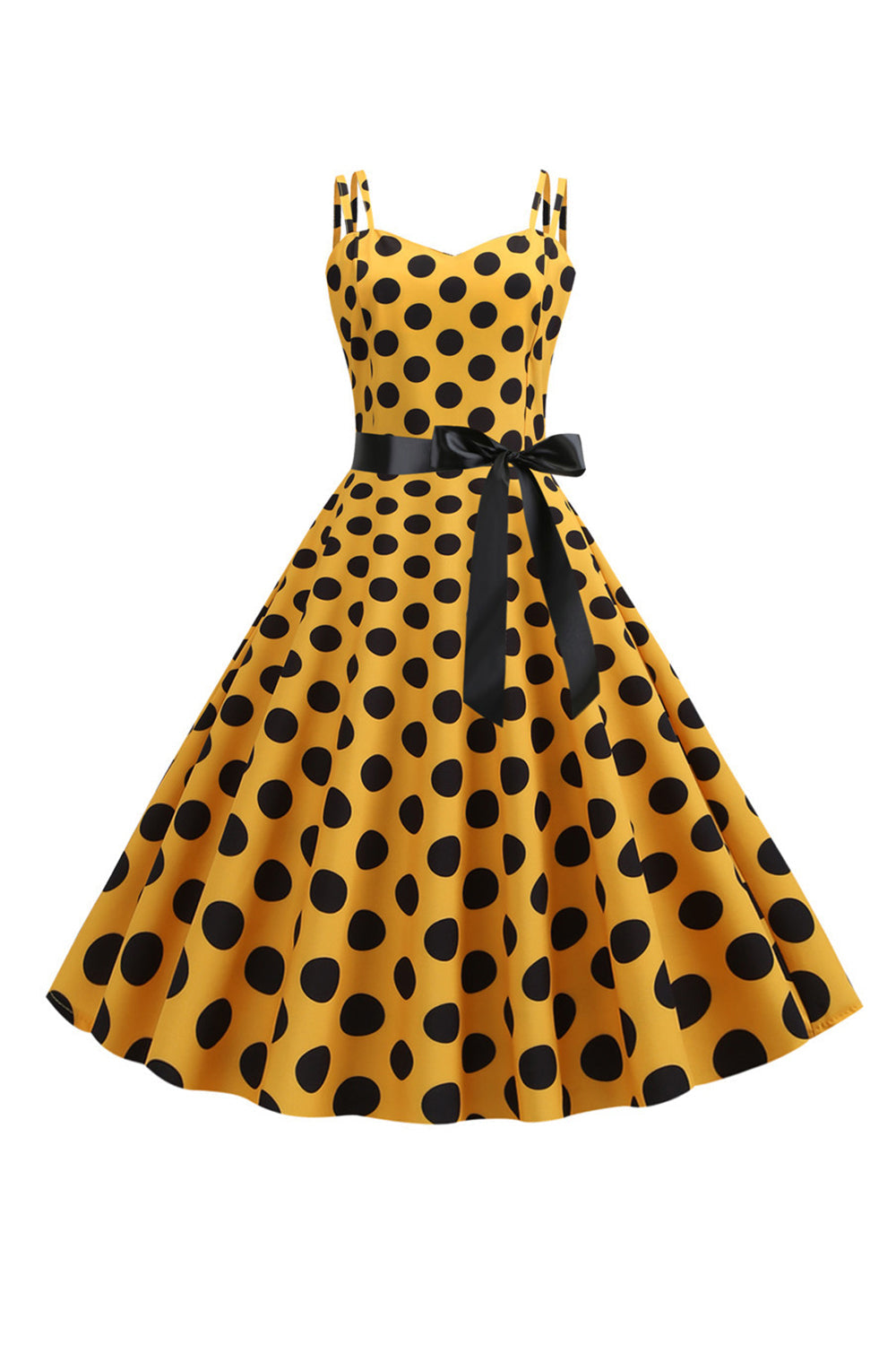 Pink Polka Dots Spaghetti Straps 1950s Dress With Bow