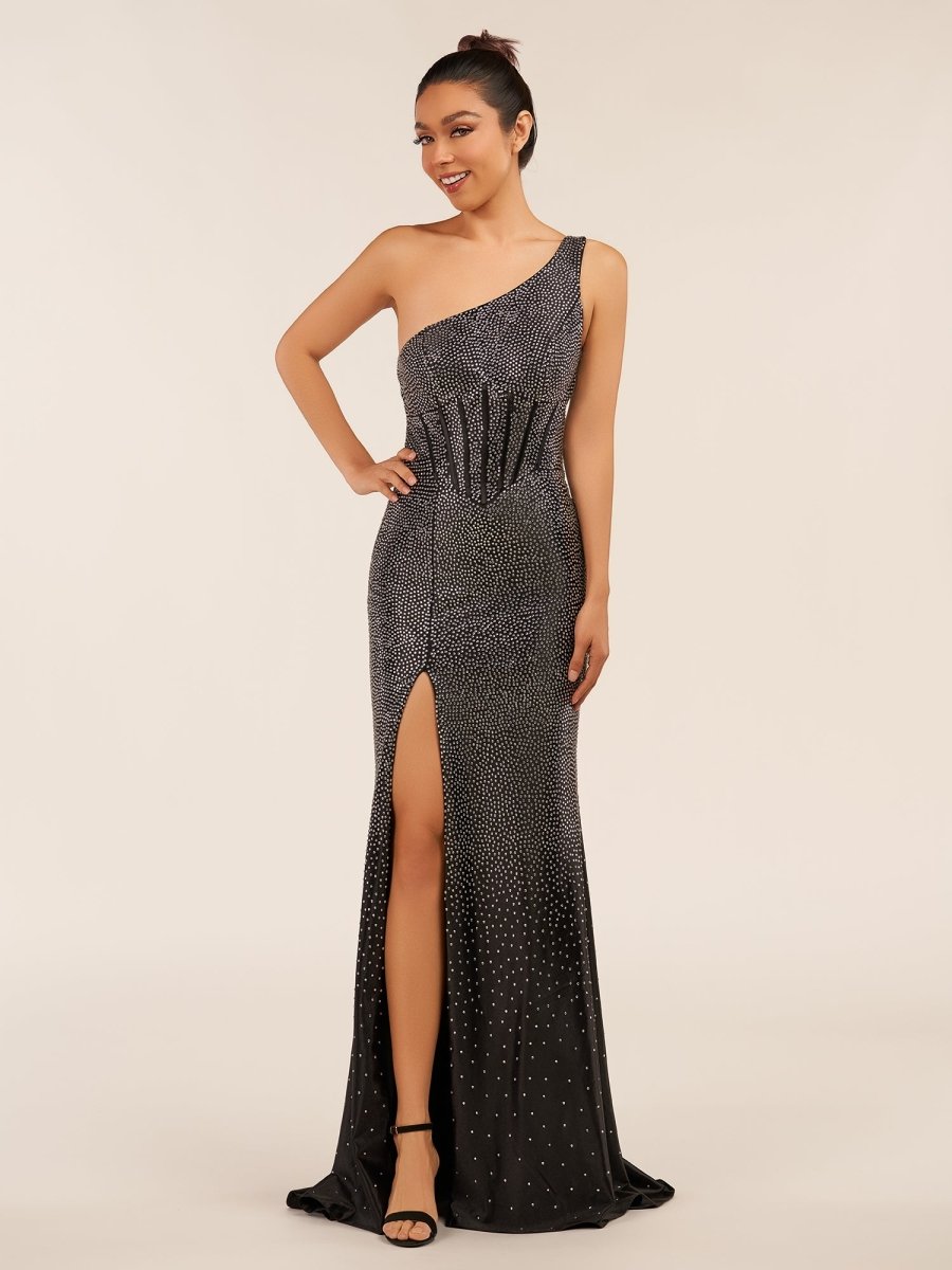 Eluned | Black One Shoulder Sheath Beaded Prom Dress With Split - KissProm