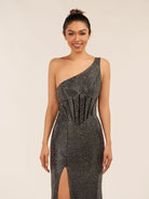 Eluned | Black One Shoulder Sheath Beaded Prom Dress With Split - KissProm