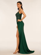 Rafenild | Green V Neck Beading Satin Long Slit Prom Dresses - KissProm