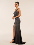 Eluned | Black One Shoulder Sheath Beaded Prom Dress With Split - KissProm