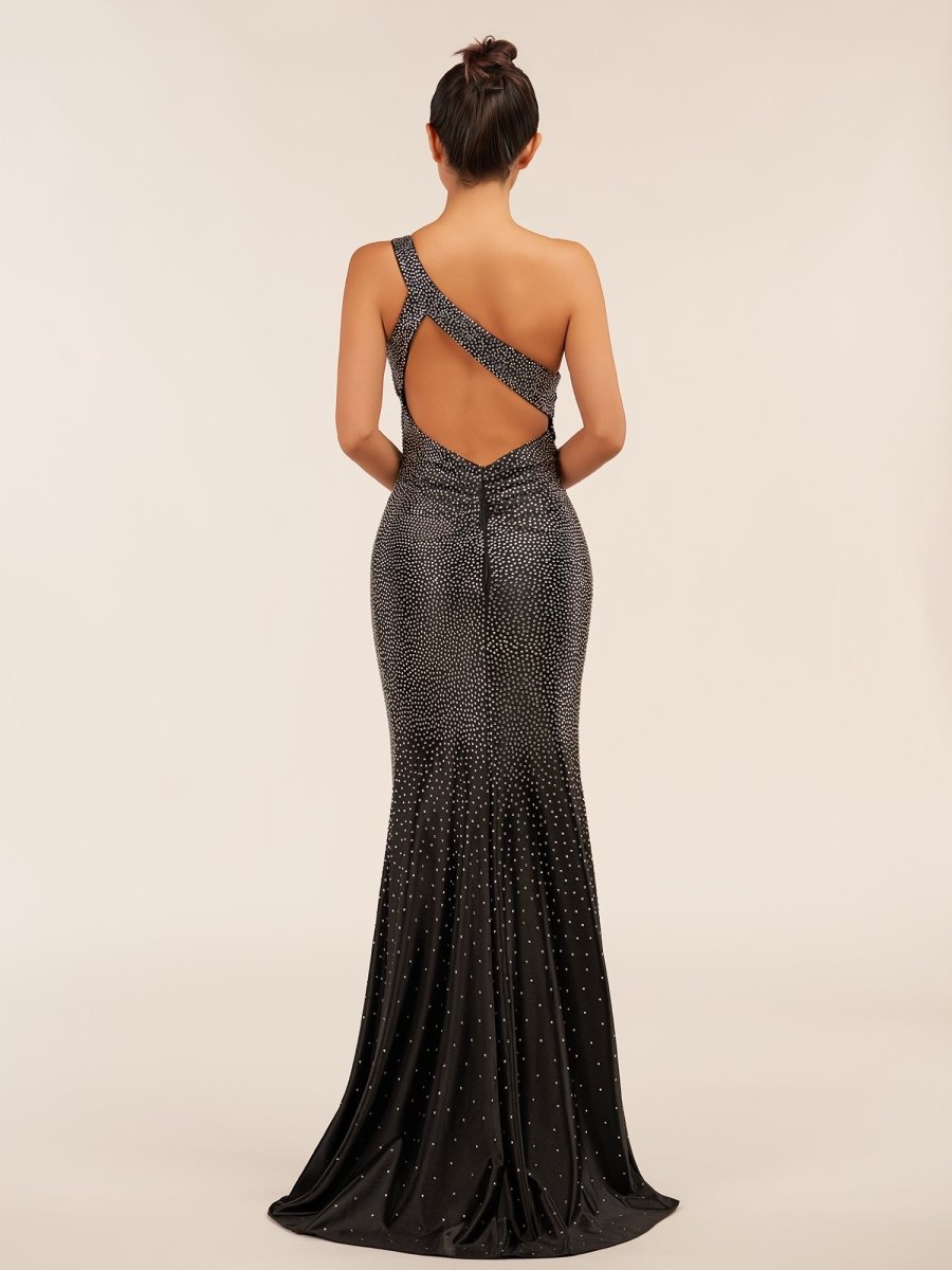 Eluned | Black One Shoulder Sheath Beaded Prom Dress With Split - KissProm