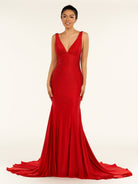 Molly | Mermaid Deep V - Neck Beaded Satin Long Prom Dress - KissProm