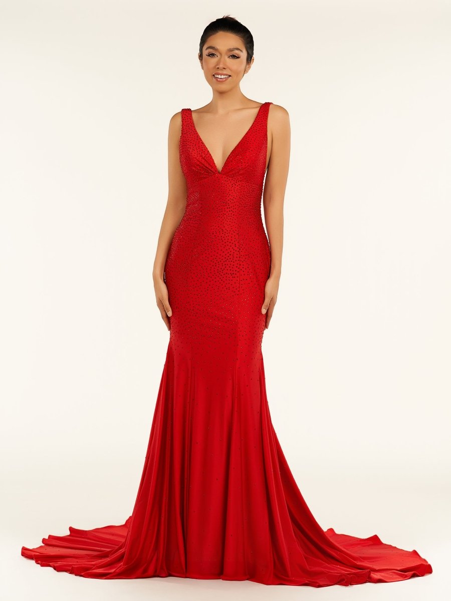 Molly | Mermaid Deep V - Neck Beaded Satin Long Prom Dress - KissProm
