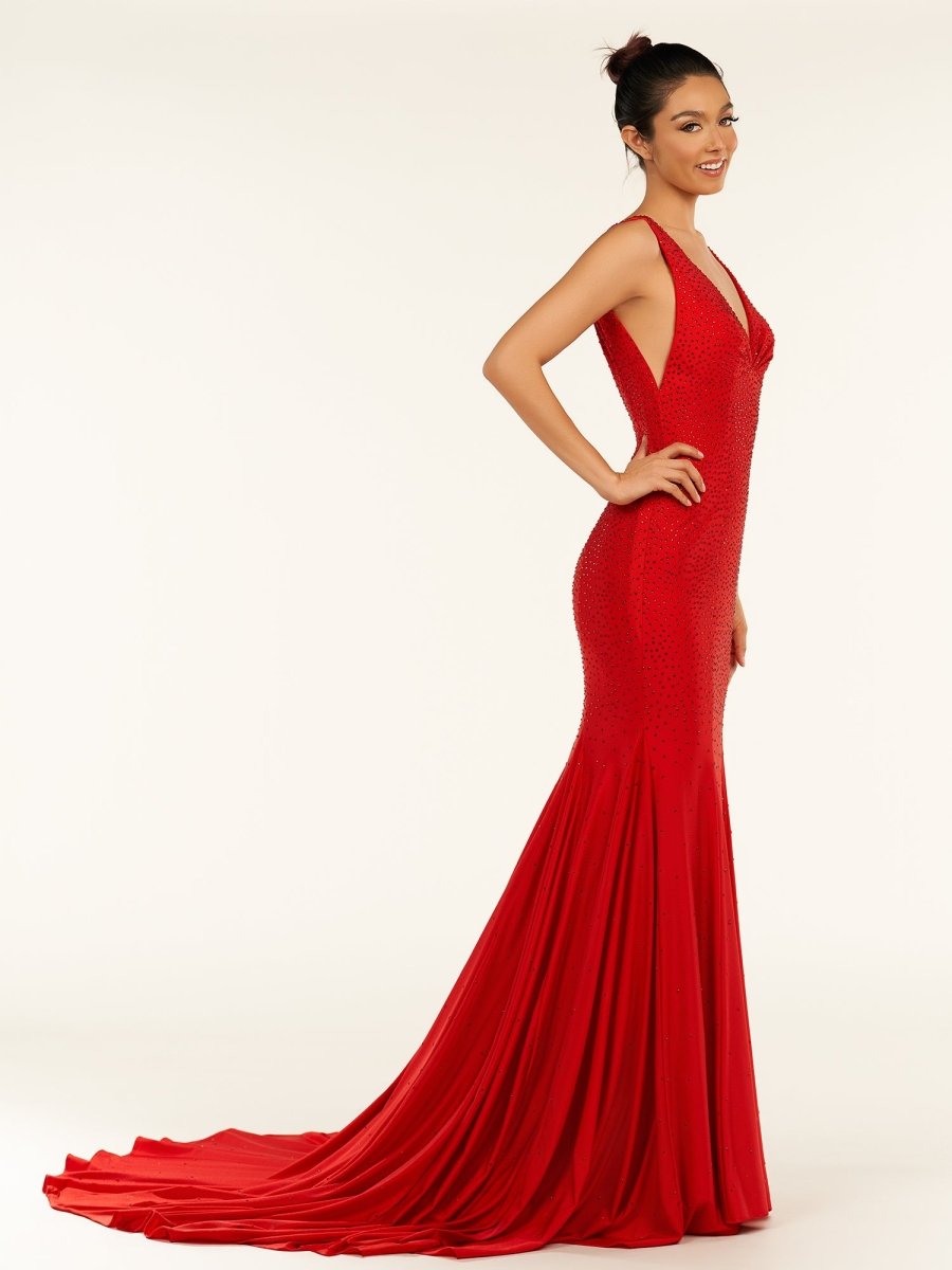 Molly | Mermaid Deep V - Neck Beaded Satin Long Prom Dress - KissProm