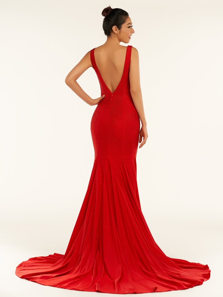 Molly | Mermaid Deep V - Neck Beaded Satin Long Prom Dress - KissProm