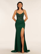 Rafenild | Green V Neck Beading Satin Long Slit Prom Dresses - KissProm