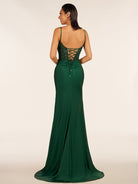 Rafenild | Green V Neck Beading Satin Long Slit Prom Dresses - KissProm
