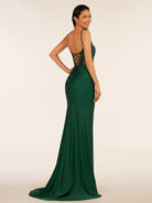 Rafenild | Green V Neck Beading Satin Long Slit Prom Dresses - KissProm