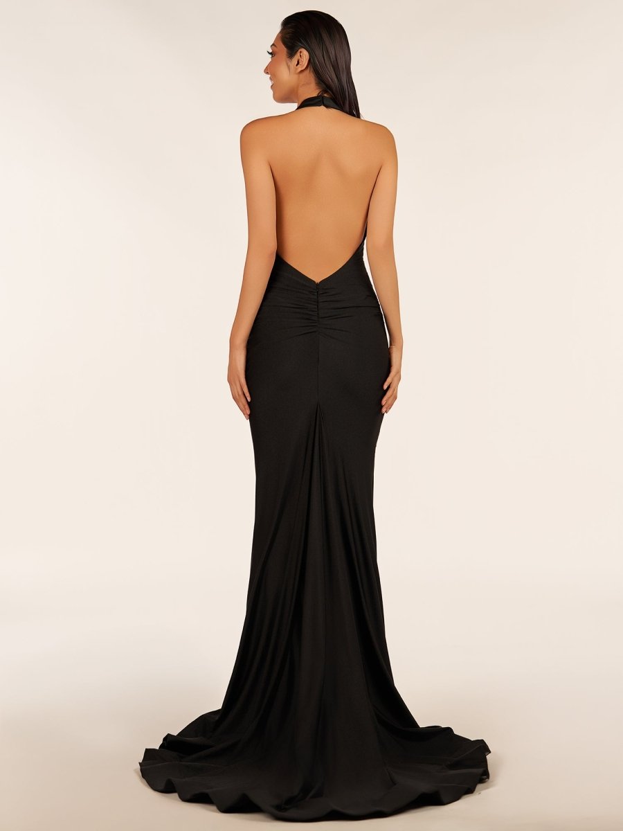 Simple Black Halter Backless Mermaid Long Prom Dress - KissProm
