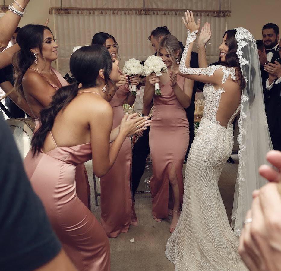 Charming Sheath V Neck Slit Pink Long Bridesmaid Dresses