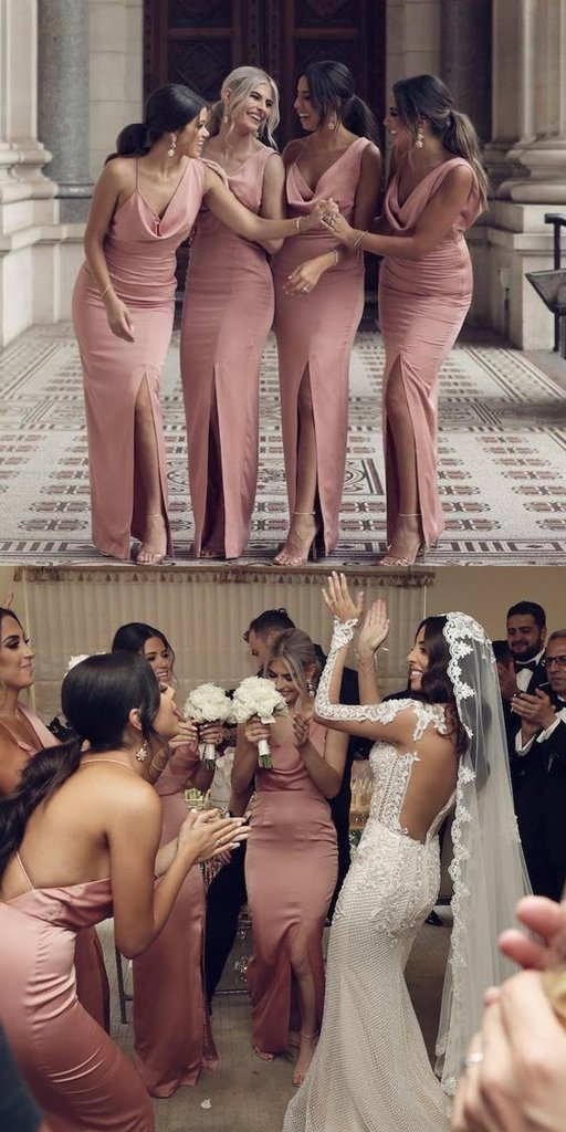 Charming Sheath V Neck Slit Pink Long Bridesmaid Dresses