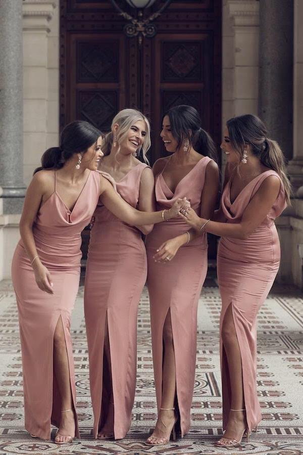 Charming Sheath V Neck Slit Pink Long Bridesmaid Dresses