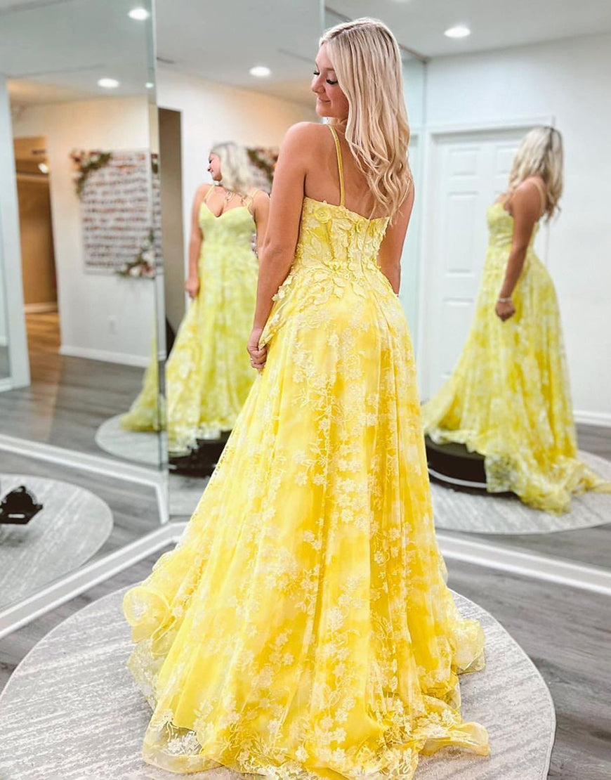 Cute Yellow A-Line Spaghetti Straps Long Prom Dress With Appliques