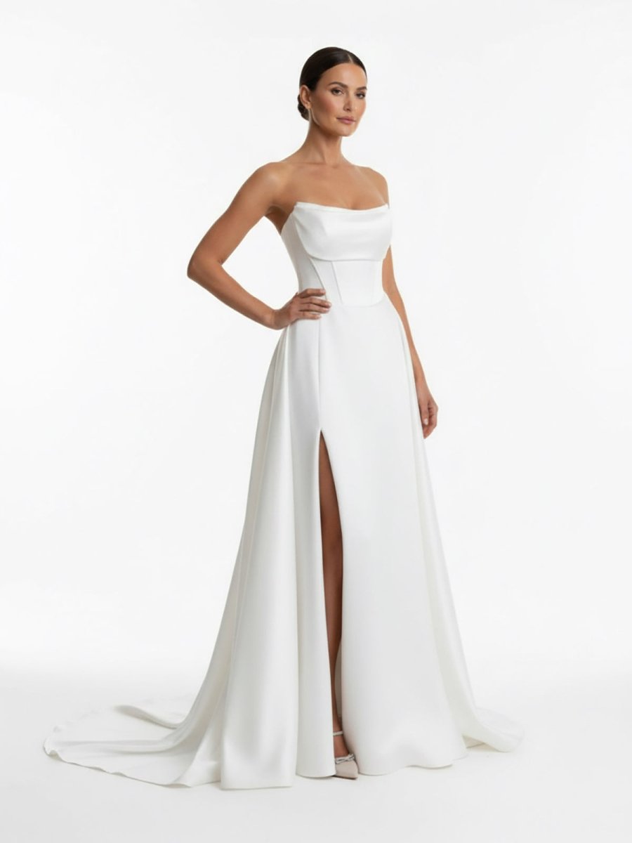 KissDress-Jane  A-Line Strapless White Satin Wedding Dresses with Slit