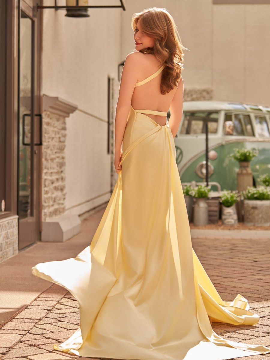 Quaylee | Yellow Mermaid V - Neck Satin Prom Dresses With Tail Evening Dress - KissProm