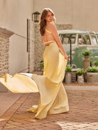 Quaylee | Yellow Mermaid V - Neck Satin Prom Dresses With Tail Evening Dress - KissProm