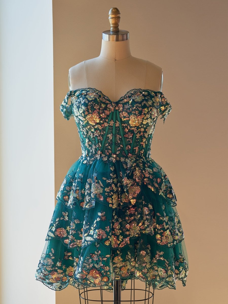 Everly | A - Line Sweetheart Tiered Green Short Homecoming Dress - KissProm