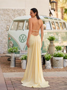 Alaric | Mermaid Deep V Neck Yellow Satin Long Prom Dresses with Slit - KissProm