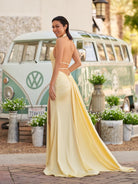 Alaric | Mermaid Deep V Neck Yellow Satin Long Prom Dresses with Slit - KissProm