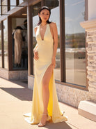 Alaric | Mermaid Deep V Neck Yellow Satin Long Prom Dresses with Slit - KissProm