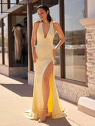 Alaric | Mermaid Deep V Neck Yellow Satin Long Prom Dresses with Slit - KissProm