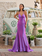 Sarai |Mermaid V - Neck Jersey Formal Dress with Lace - Up Back - KissProm
