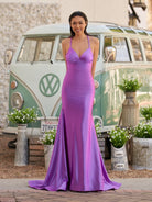 Sarai |Mermaid V - Neck Jersey Formal Dress with Lace - Up Back - KissProm