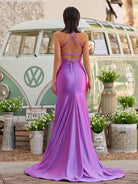 Sarai |Mermaid V - Neck Jersey Formal Dress with Lace - Up Back - KissProm